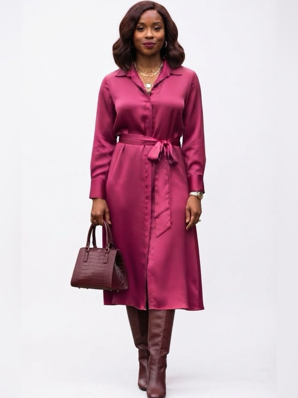 Eloquii Magenta Pink Satin Belted Long Sleeve Midi Shirt Dress Sz 18 Barbiecore